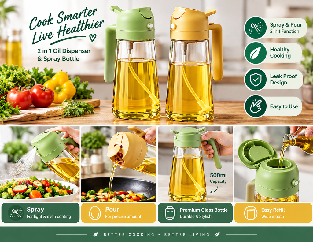 2 In 1 Oil Dispenser & Sprayer Bottle For Kitchen