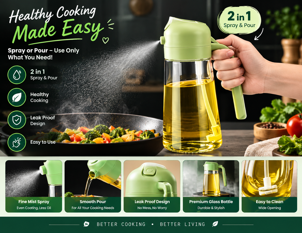 2 In 1 Oil Dispenser & Sprayer Bottle For Kitchen